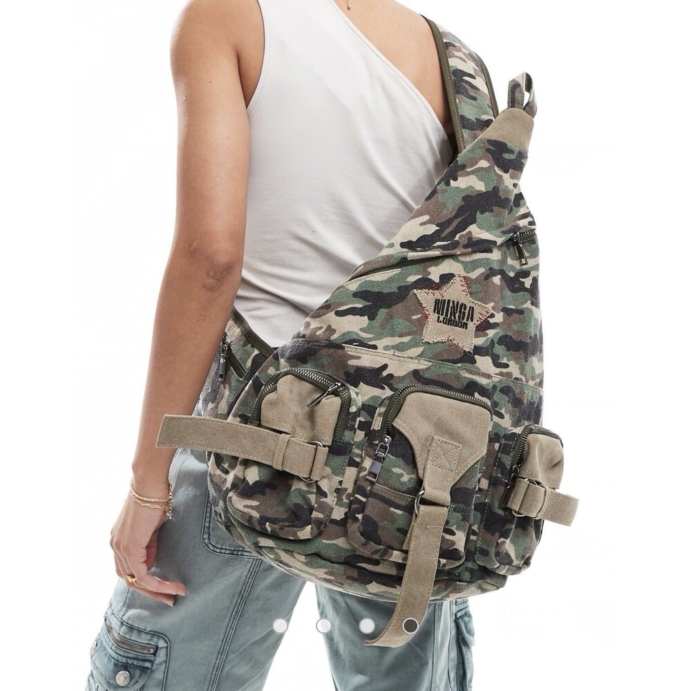 Minga London Camo Denim Sling Bag Backpack - Y2K Gimmick Multipocket Star Patch
